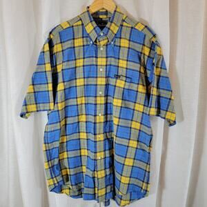Façonnable Men’s Large Button Down Shirt Yellow Blue Plaid Short Sleeve Cotton